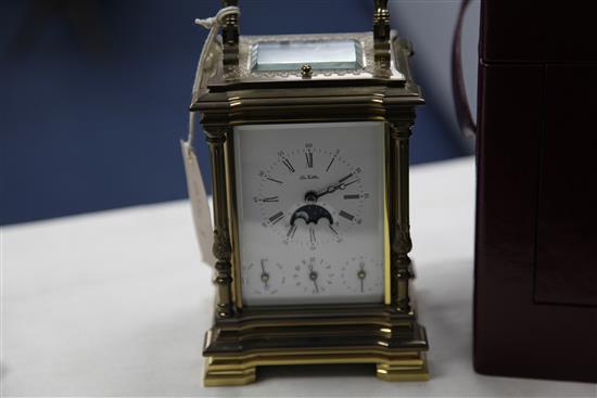 A La Vallée brass hour repeating calendar carriage clock, 7in. with leather travelling case
